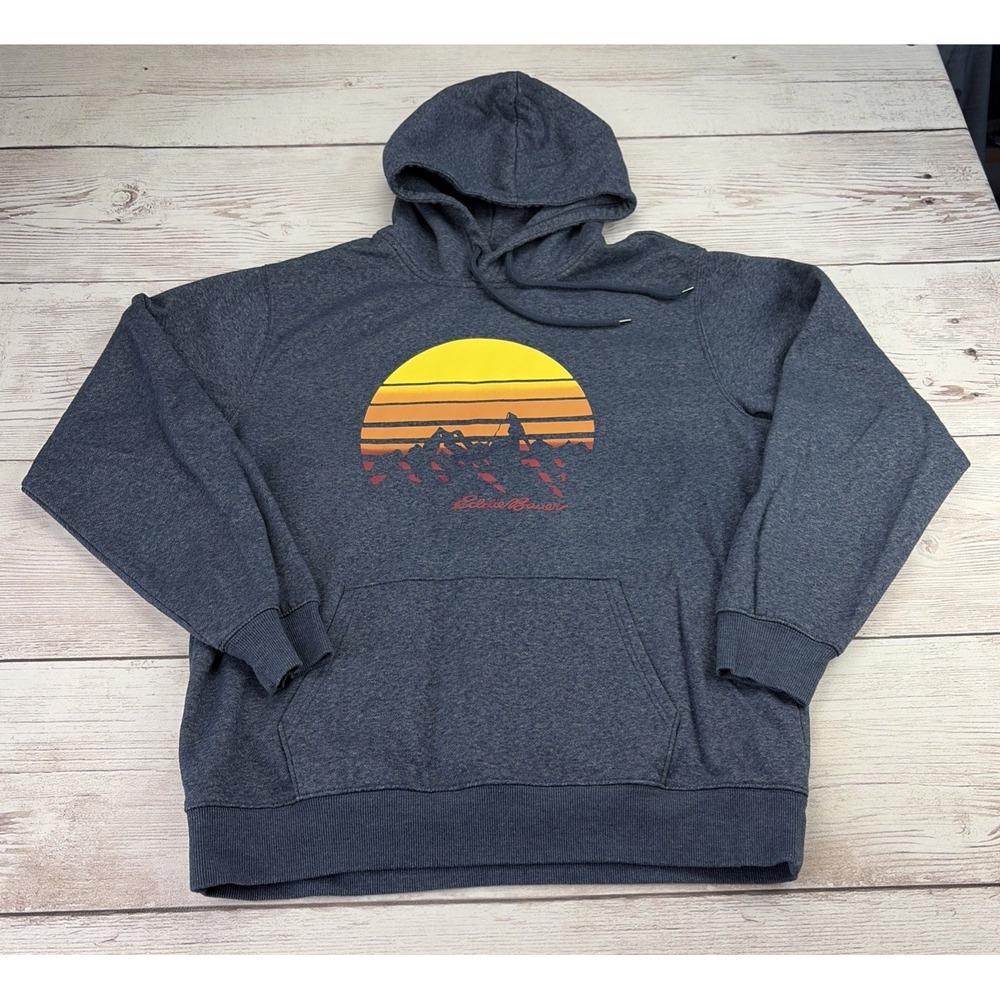 Eddie Bauer Men's L Graphic Outdoor Hoodie Sweatshirt Heather Navy Sunset Fleece